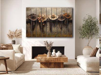 Rustic Fence Wall Art – Wooden Wall Decor with Hanging Hats Print on Natural Wood