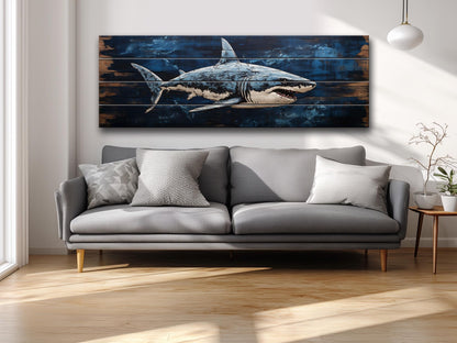 Rustic Shark Painting – Natural Wood Art Print | Coastal Home Decor, Ready to Hang