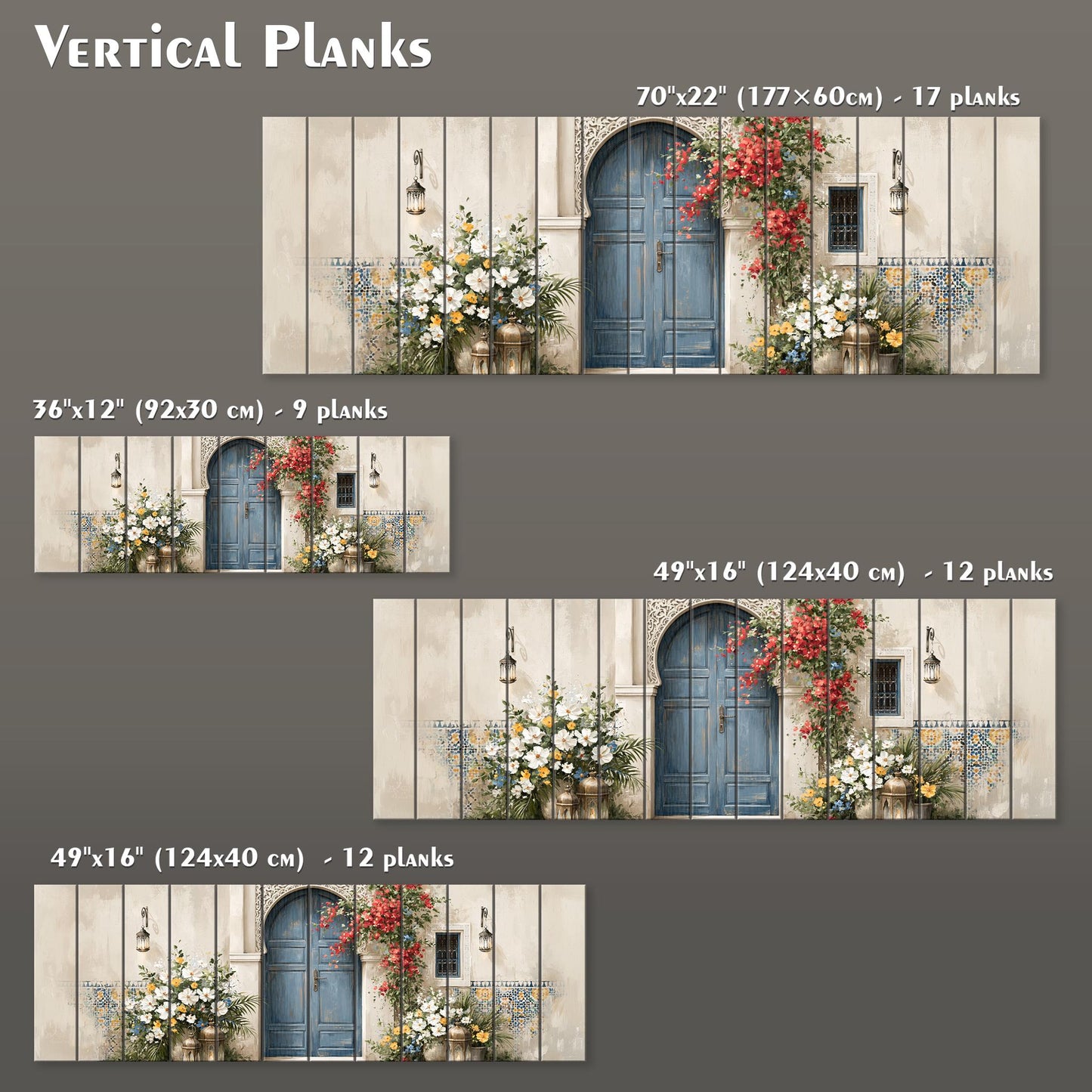 Moroccan Blue Door Canvas Print, Mediterranean Entryway Wall Art, Floral Courtyard Painting, Moroccan Decor