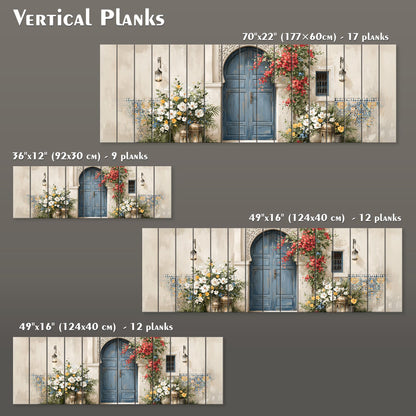 Moroccan Blue Door Canvas Print, Mediterranean Entryway Wall Art, Floral Courtyard Painting, Moroccan Decor