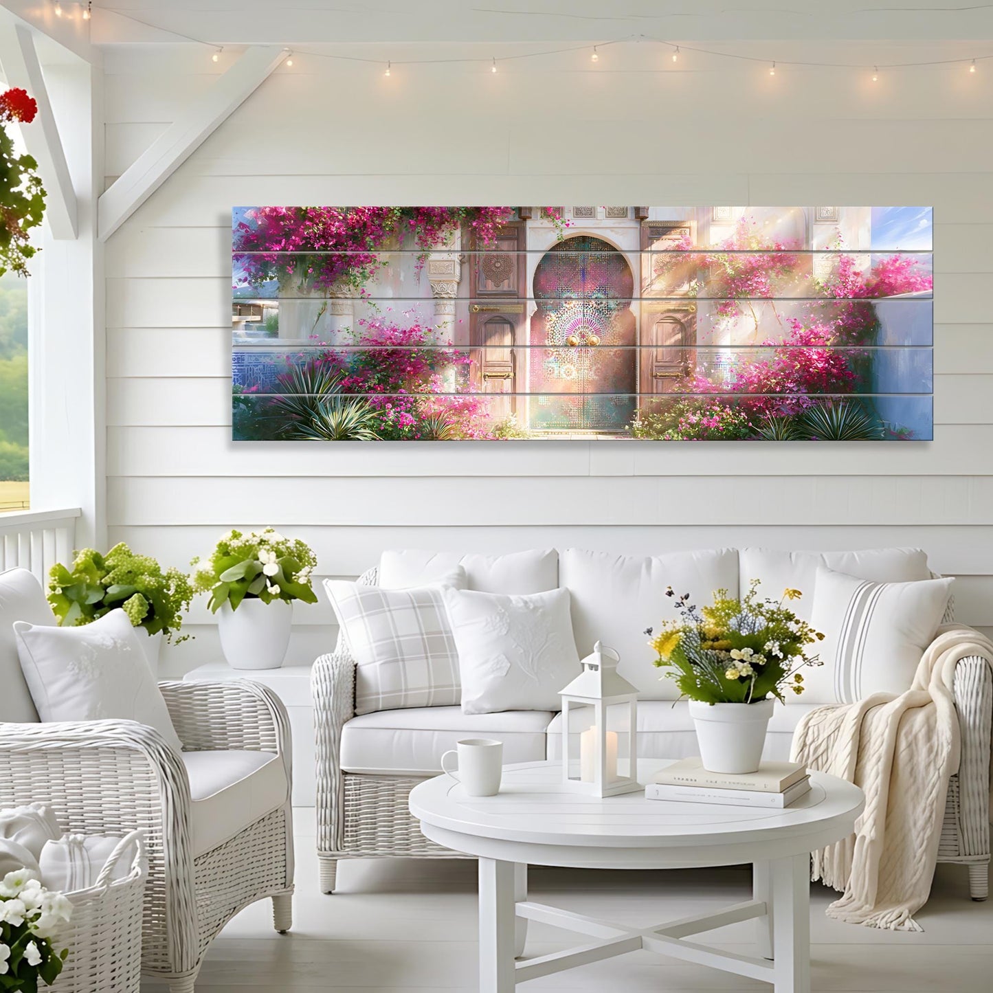 a cozy and inviting living room with a white color scheme and a large, colorful painting of a garden scene hanging on the wall. The room is furnished with a white sofa, wicker chairs, and a round coffee table, creating a comfortable and welcoming atmosphere.