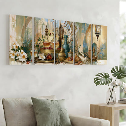 a living room with a large, colorful painting of various objects hanging on the wall, including flowers, vases, and other decorative items.