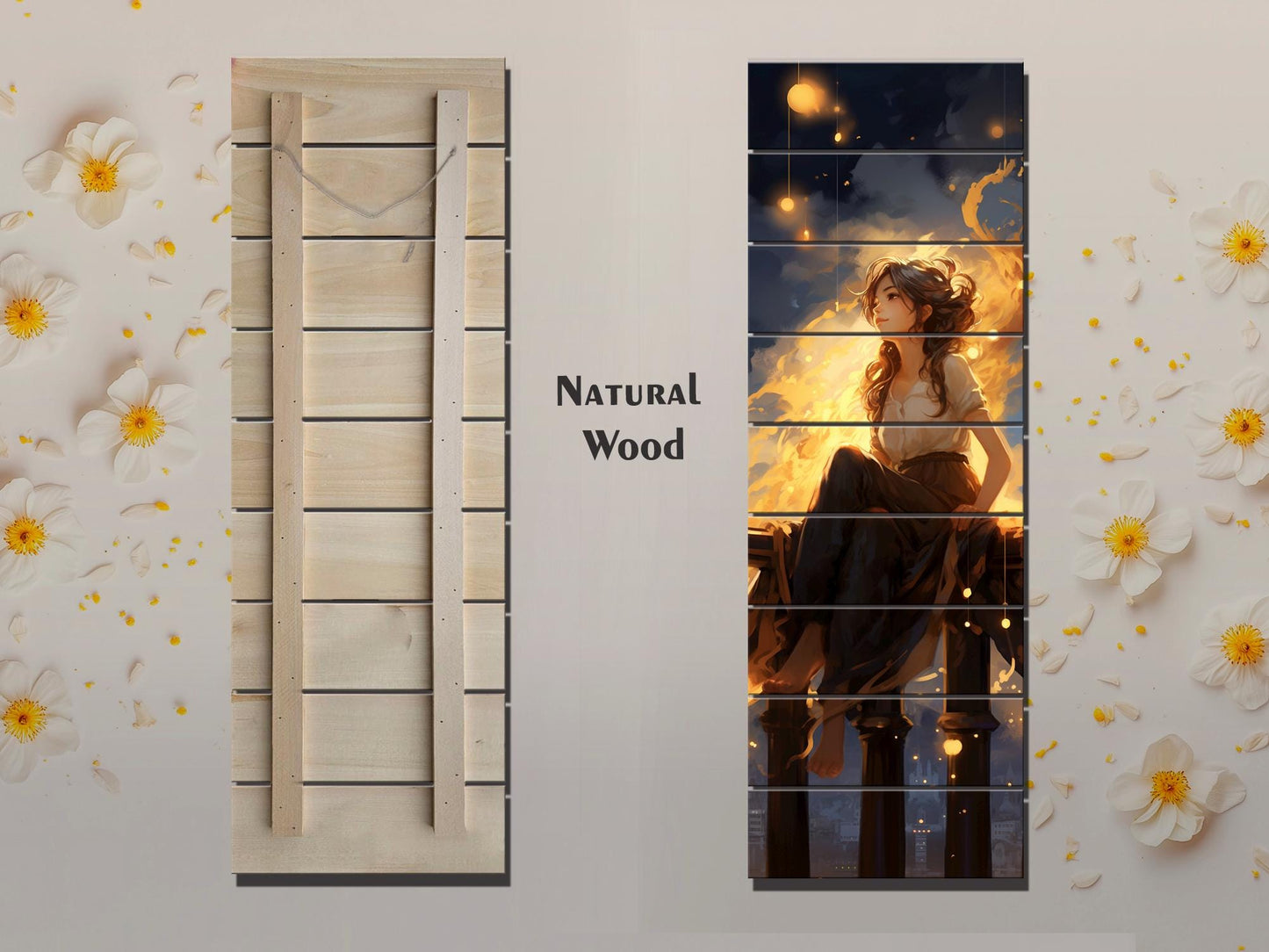 Dreamy Woman Painting | Natural Wood Print - Fantasy Wall Art with Warm Golden Tones