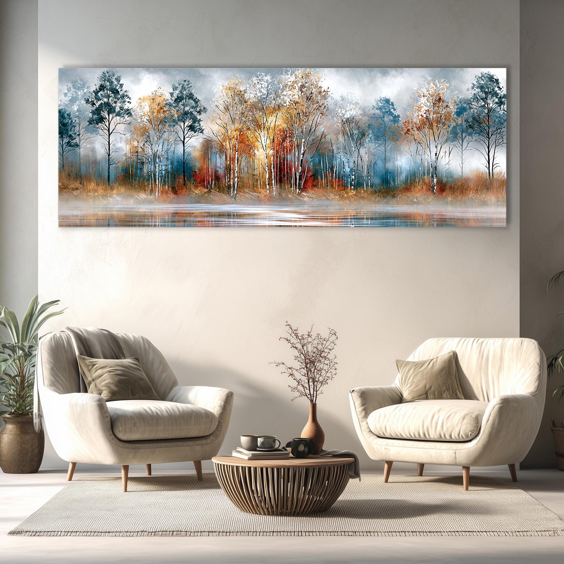 a living room with two white armchairs and a wooden coffee table, positioned in front of a large painting depicting a serene landscape with trees and a body of water.