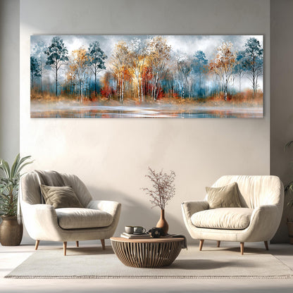 a living room with two white armchairs and a wooden coffee table, positioned in front of a large painting depicting a serene landscape with trees and a body of water.