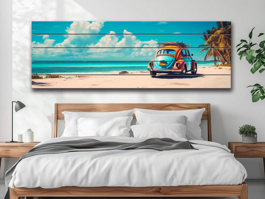 Wood Wall Art – Cancun Landscape Art | Retro Taxi Poster on Natural Wood Print