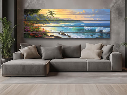 Beach Wood Wall Art – Tropical Beach Painting on Rustic Wood for Coastal Decor