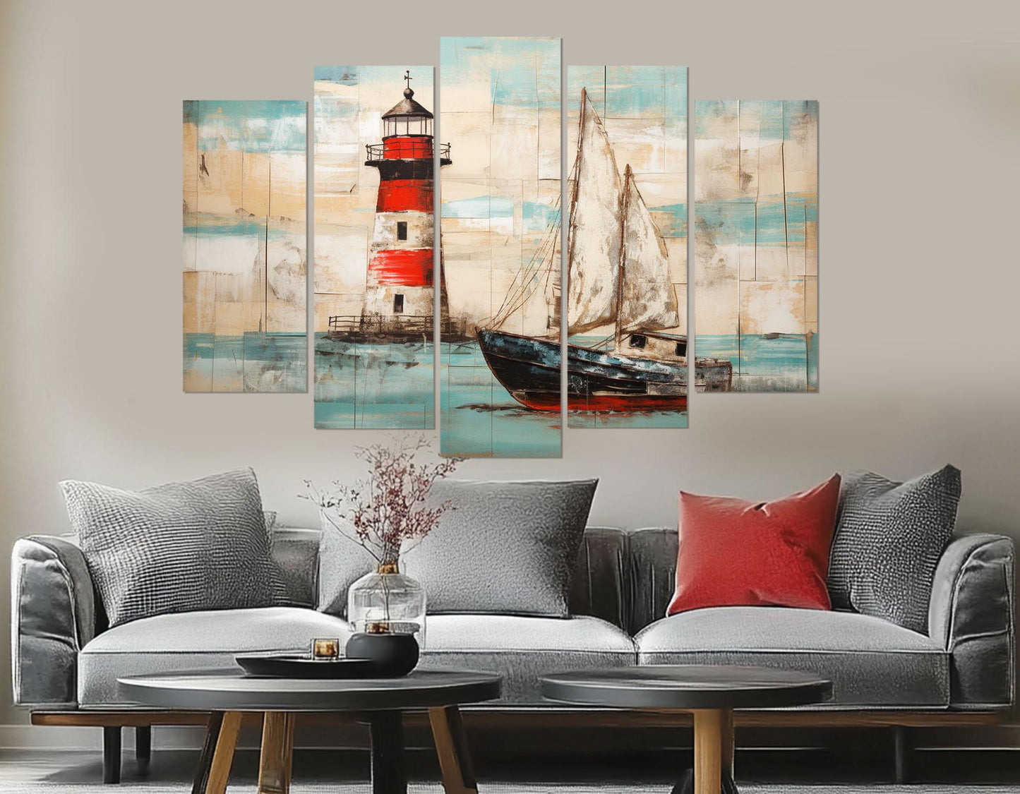 Nautical Wall Art - Rustic Lighthouse Canvas Print With Sailboat Painting, Framed & Ready To Hang
