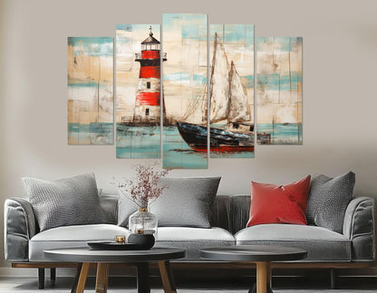Nautical Wall Art - Rustic Lighthouse Canvas Print With Sailboat Painting, Framed & Ready To Hang
