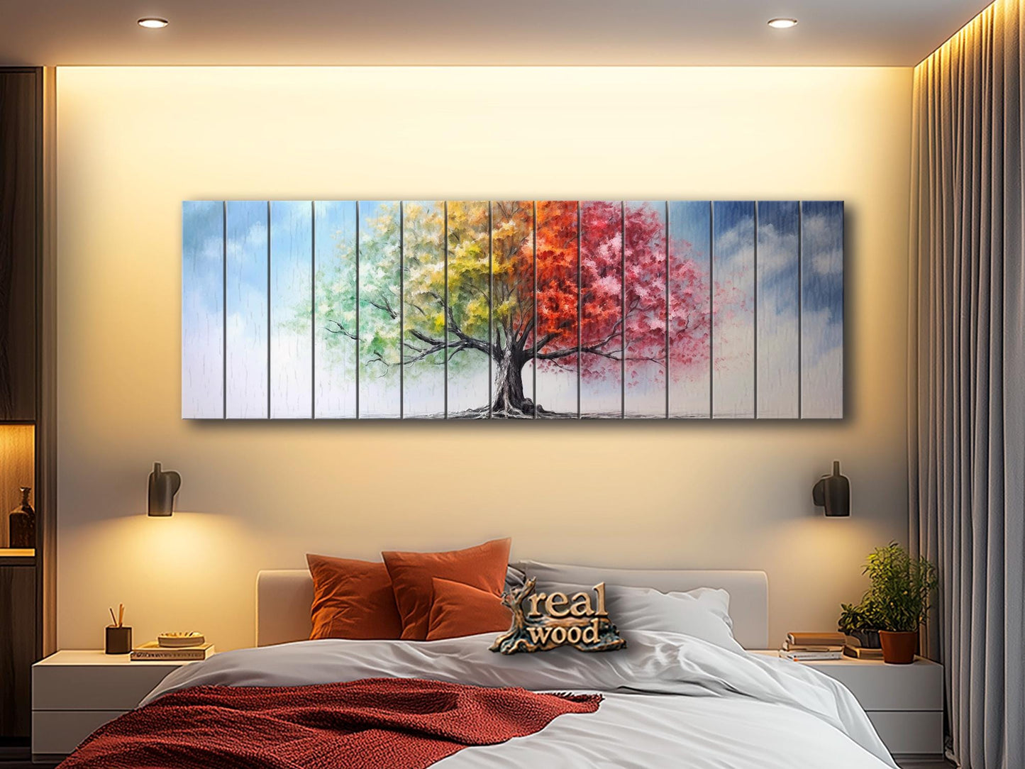 Wood Wall Art – Four Season Tree Print | Colorful Wood Art on Wooden Plank