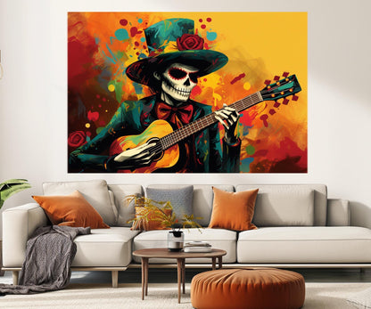 Skeleton with Guitar Canvas Print, Mexican Music Wall Art, Framed and Ready to Hang
