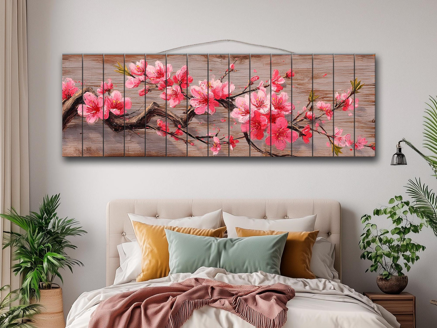 Wood Wall Art - Sakura Branch Painting Printed on Natural Wood, Sakura Tree Print, Japanese Wall Art, Rustic Japanese Wall Decor
