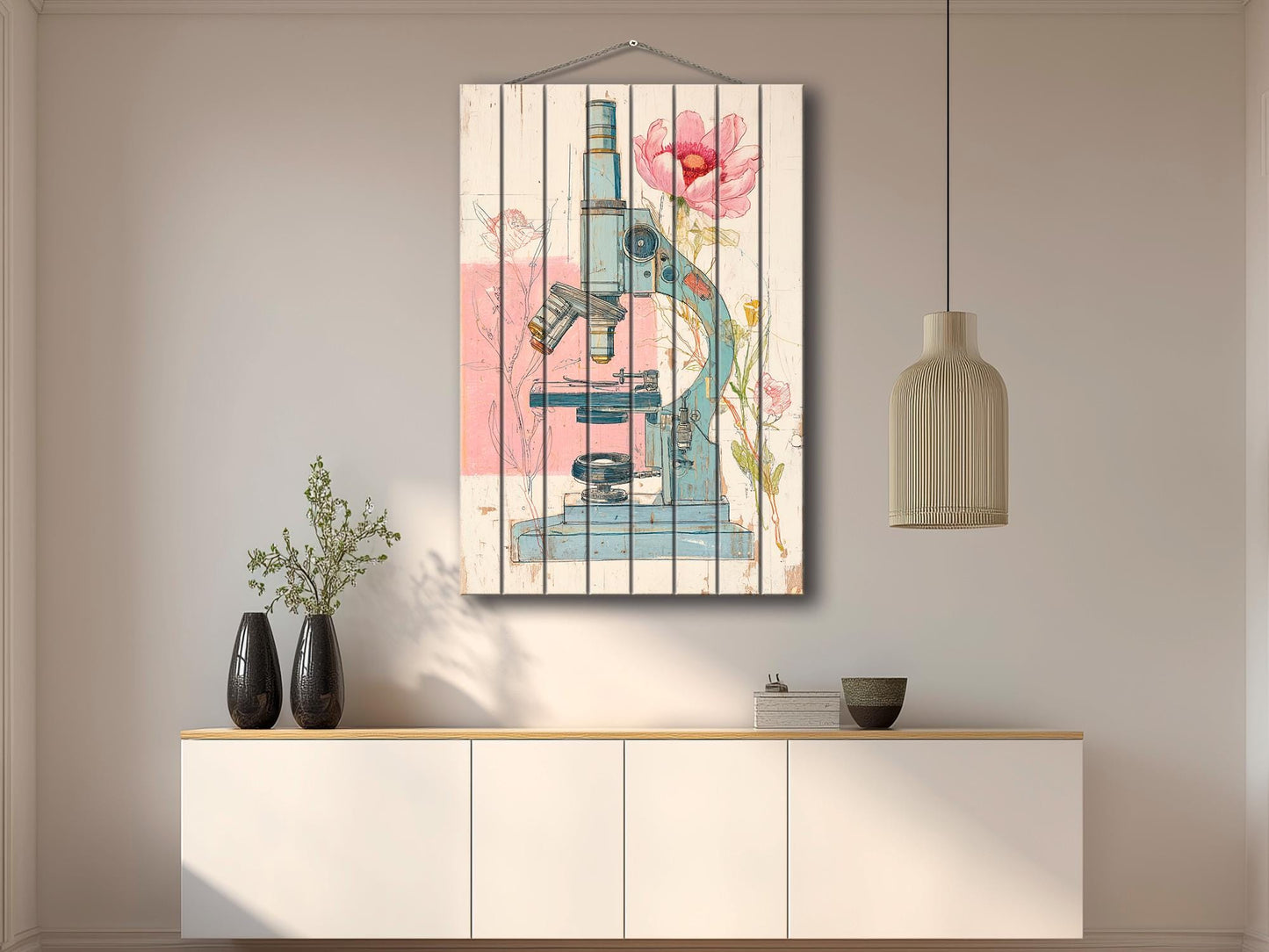 Rustic Wood Wall Art – Floral Microscope Print | Science Wall Decor On Wood Panel