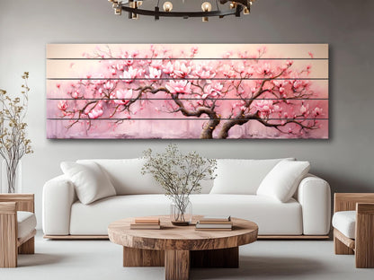 Magnolia Wood Print – Pink Magnolia Decor | Natural Wood Wall Art, Rustic Wooden Plank