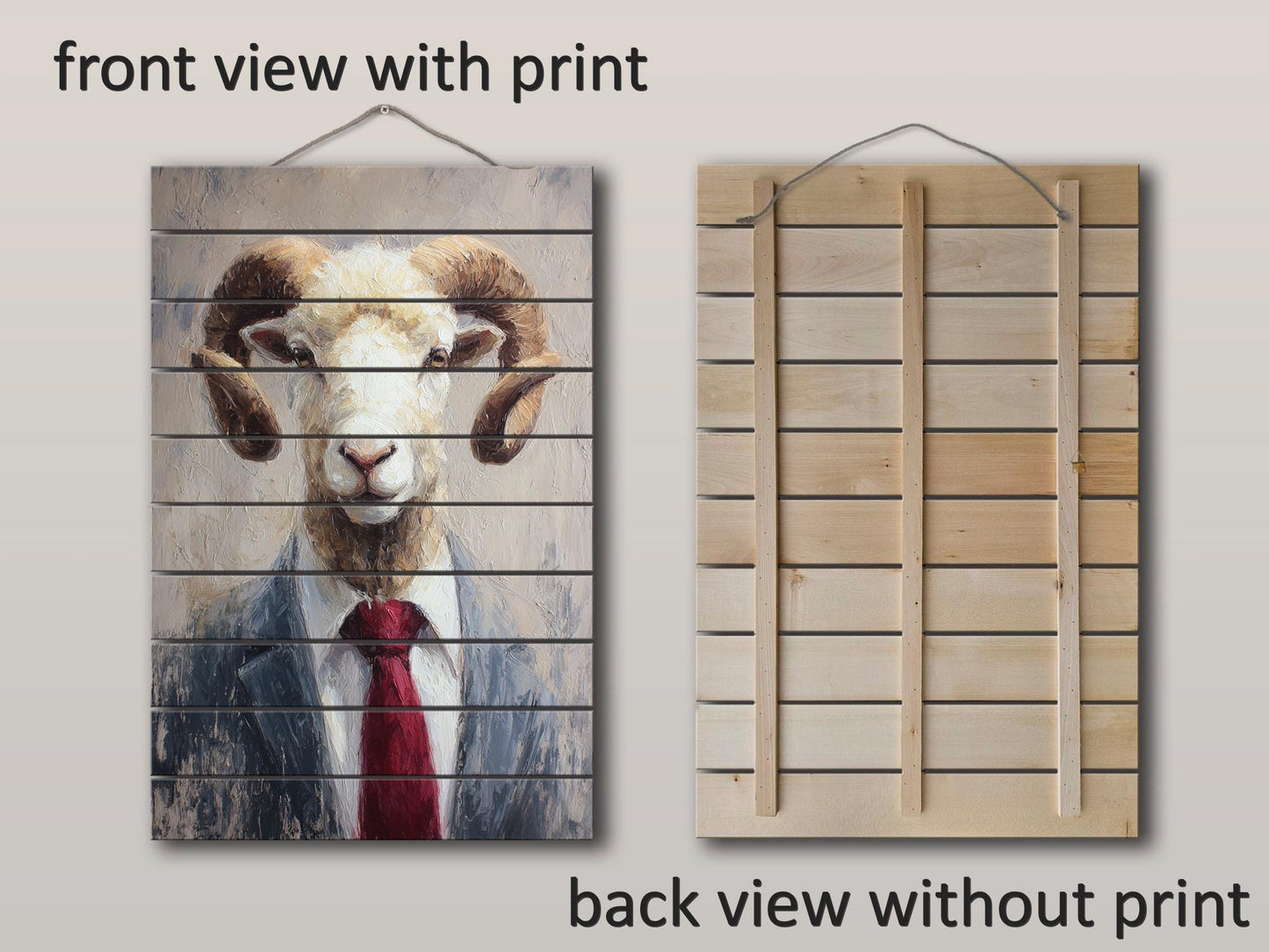 Ram Tie Wood Print – Rustic Animal Wall Art on Natural Wood Panel Decor