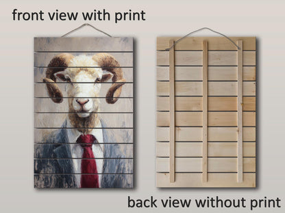 Ram Tie Wood Print – Rustic Animal Wall Art on Natural Wood Panel Decor