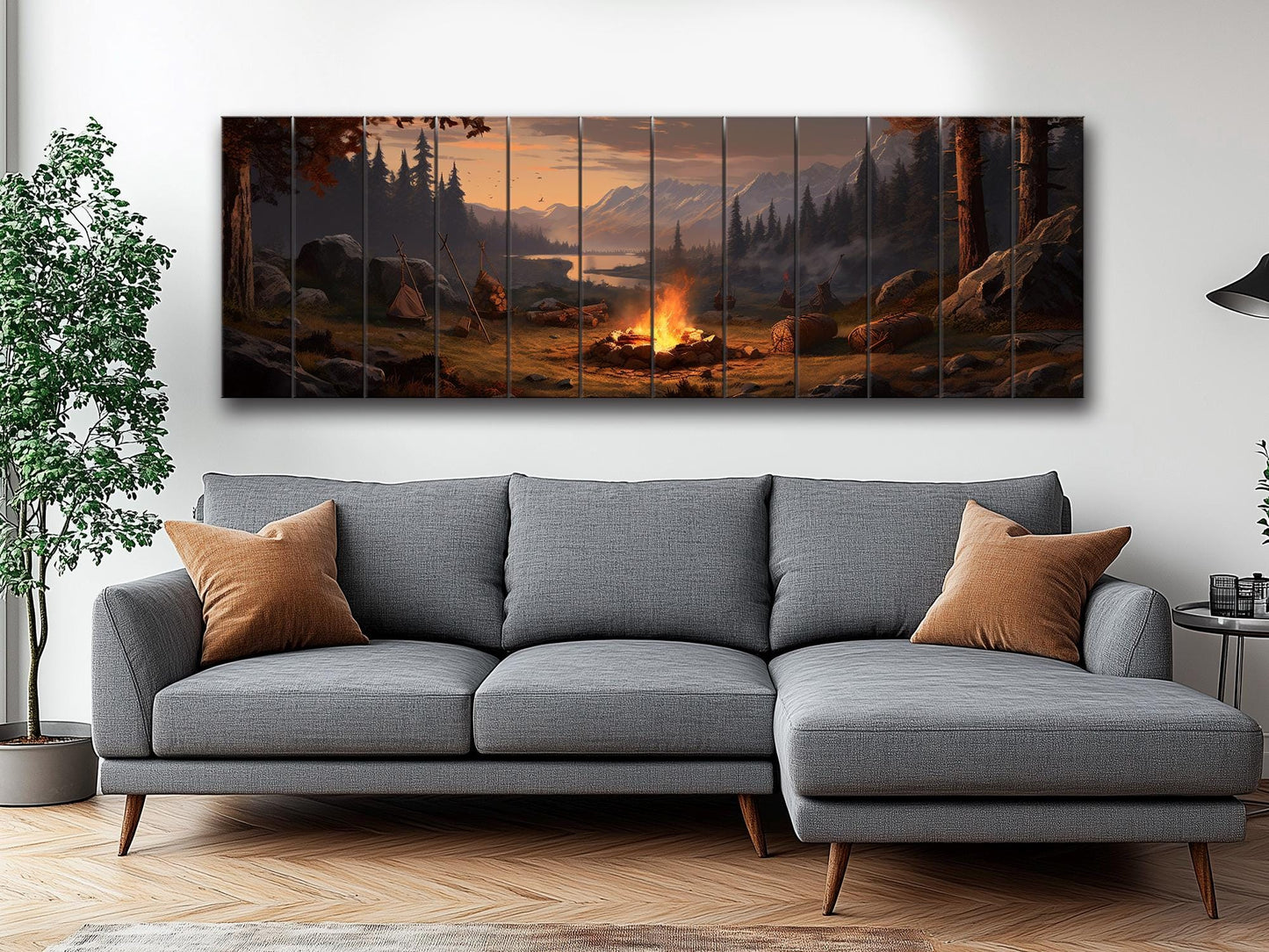 Rustic Wood Wall Art – Bonfire Forest Print on Natural Wood Plank Art