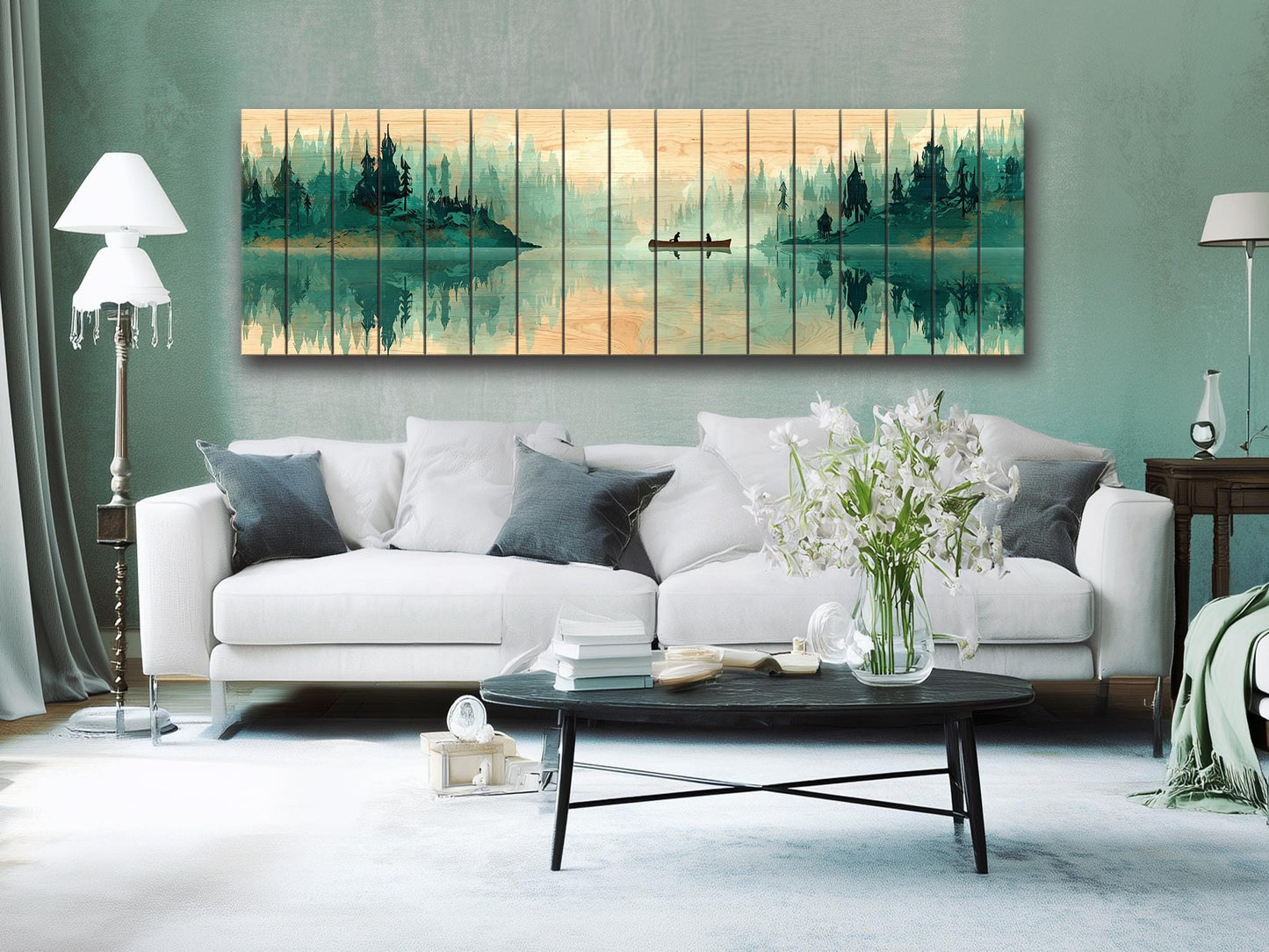 Canoe Waterfall Wall Art – Misty Forest Landscape Print on Wood with Rustic Cabin Decor