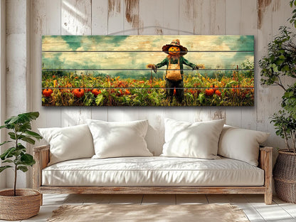Rustic Farmhouse Wall Decor - Pumpkin Patch Print Wood Wall Art with Scarecrow