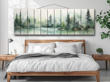 Lake And  Forest in Soft Watercolor Print On Natural Wood