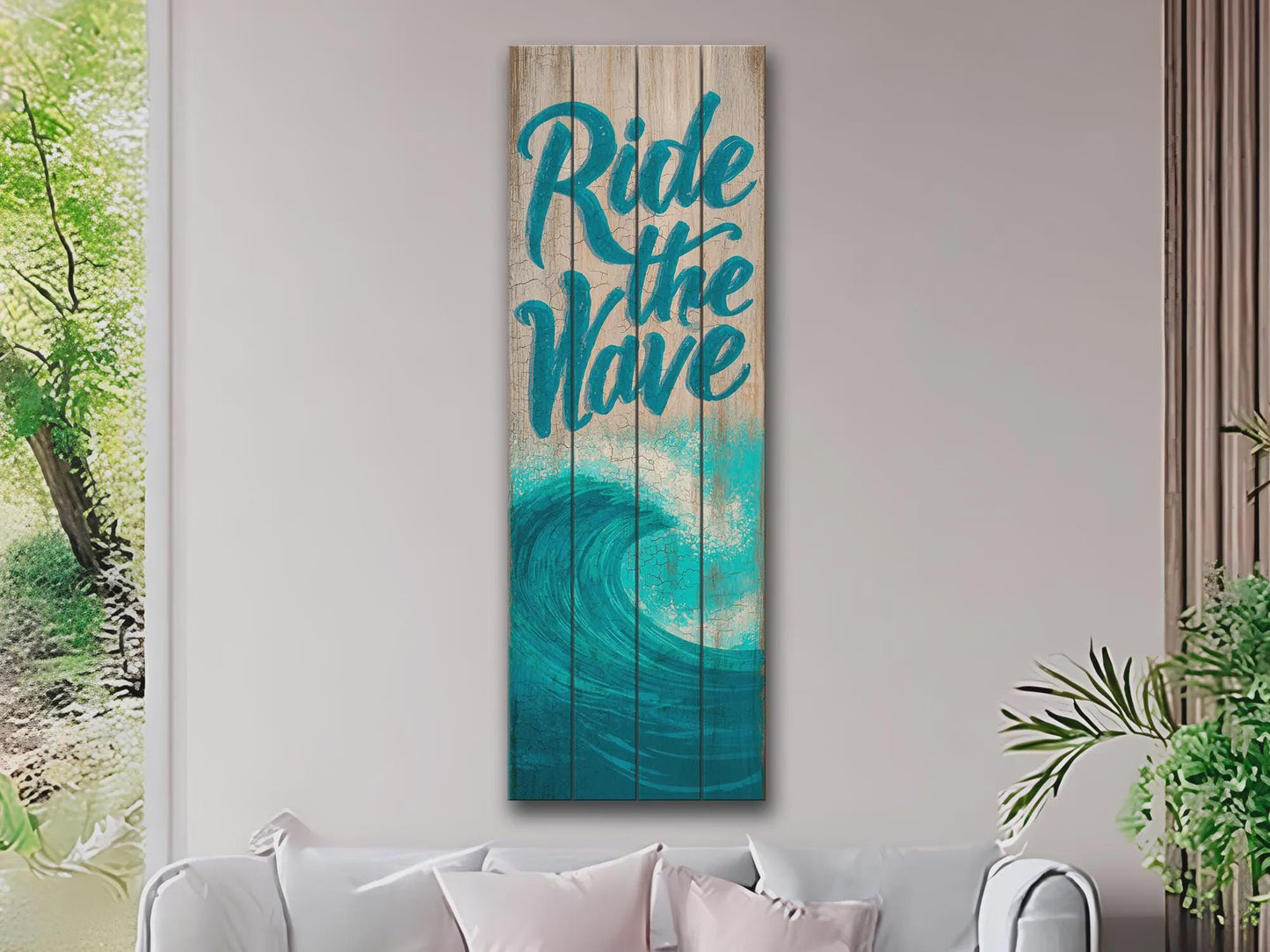 Coastal Wood Wall Art – Ride The Wave Print On Natural Wood Planks – Surfing Wall Decor