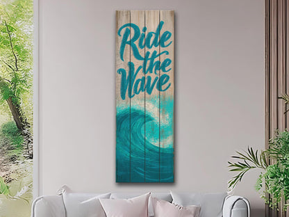 Coastal Wood Wall Art – Ride The Wave Print On Natural Wood Planks – Surfing Wall Decor