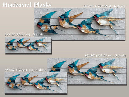 Flying Swallows Print on Natural Wood, Rustic Spring Wall Art