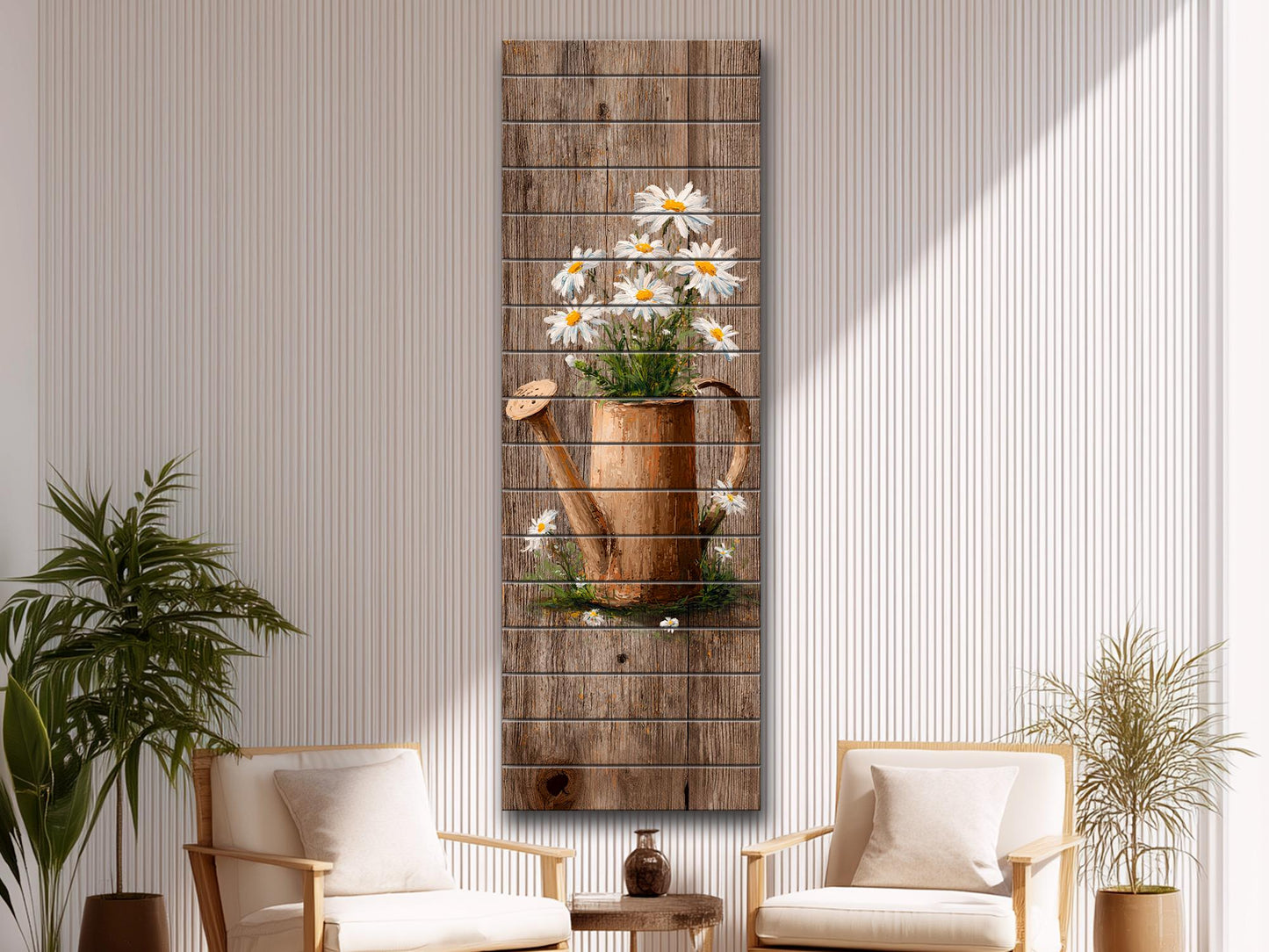 Rustic Wood Wall Art – Farmhouse Wall Decor | Watering Can & Daisy Floral Print