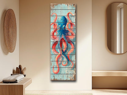 Octopus Wood Art – Colorful Nautical Wall Art | Coastal Sea Painting on Natural Wood