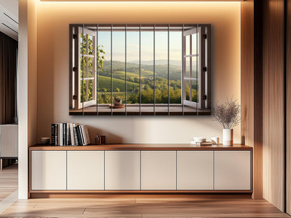 Wood Wall Art - Open Window with Tuscany Landscape Print on Natural Wood, Tuscany Painting, Mountain View in Interior, Italian Wall Art