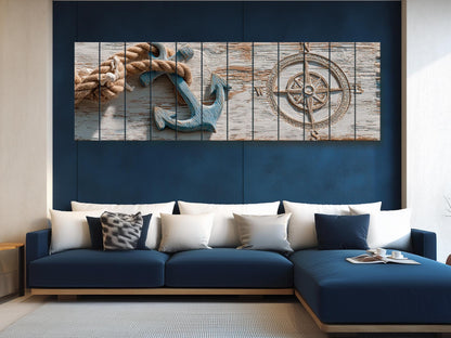 Nautical Anchor Wall Art – Rustic Coastal Wood Print With Rope Compass Design