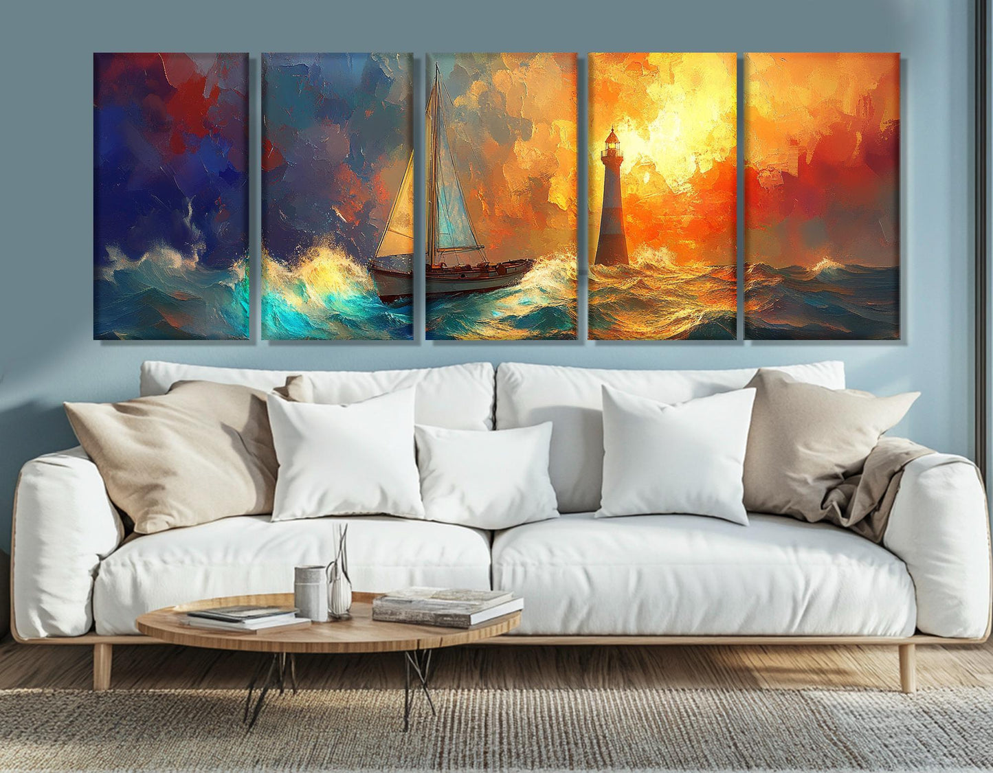 Sailboat Lighthouse Painting – Framed Canvas Print | Nautical Wall Art Storm Canvas