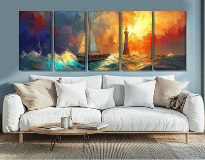 Sailboat Lighthouse Painting – Framed Canvas Print | Nautical Wall Art Storm Canvas