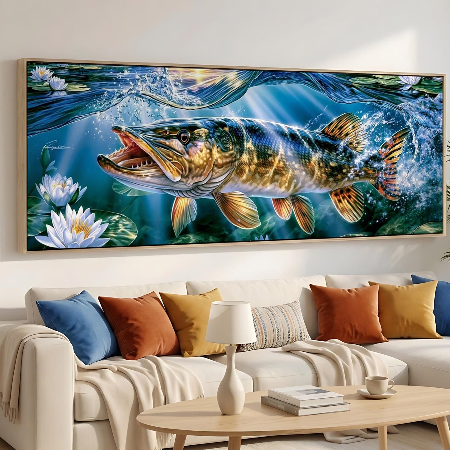 A large, vibrant painting of a fish swimming in a blue-green underwater scene, with water splashing around it and flowers in the foreground.