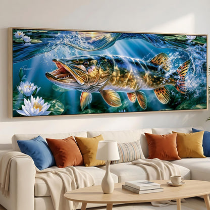 A large, vibrant painting of a fish swimming in a blue-green underwater scene, with water splashing around it and flowers in the foreground.
