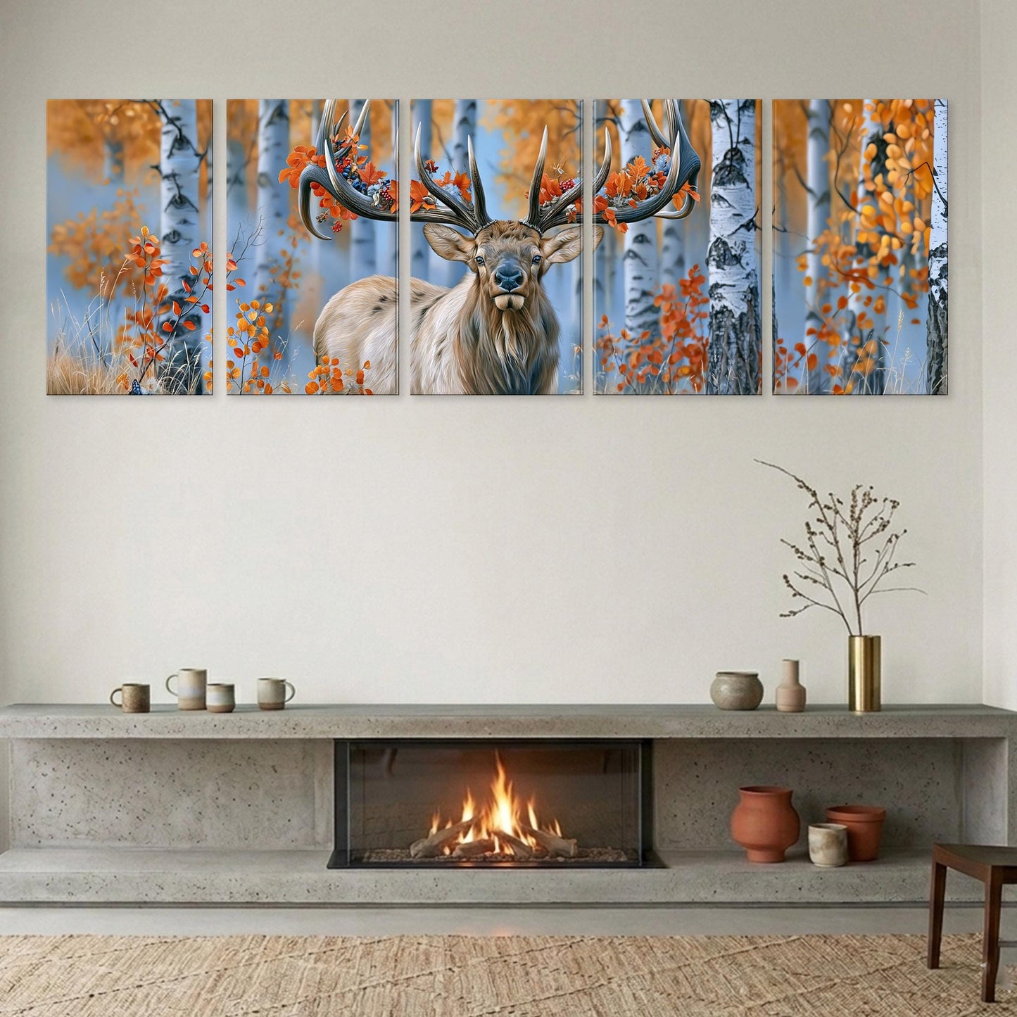 A large wall art collage depicting a majestic deer standing in a forest with vibrant autumn foliage.