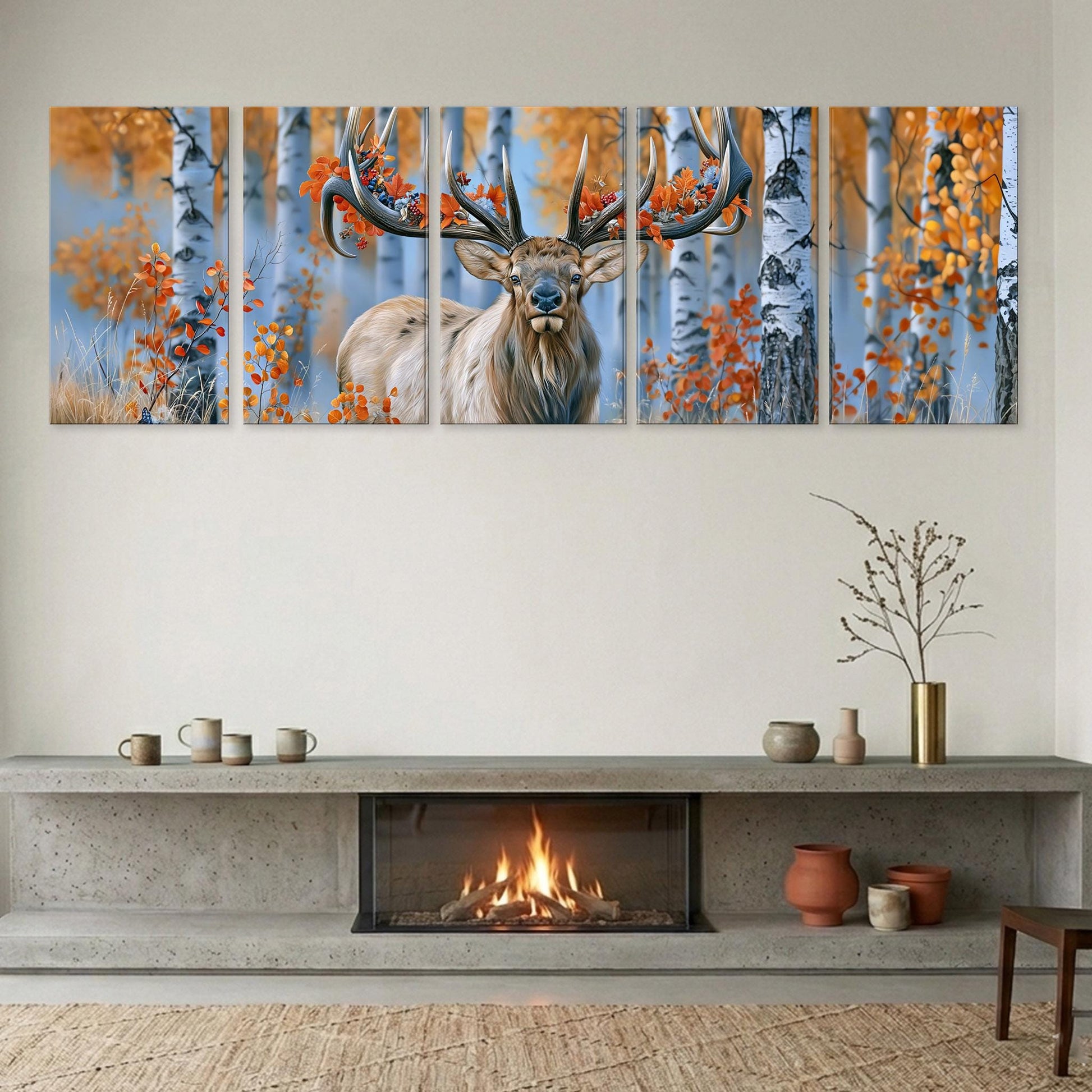 A large wall art collage depicting a majestic deer standing in a forest with vibrant autumn foliage.