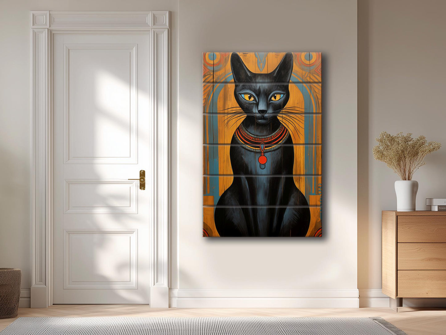 Black Cat Wall Art – Abstract Cat Print on Natural Wood Plank | Egyptian Style Decor