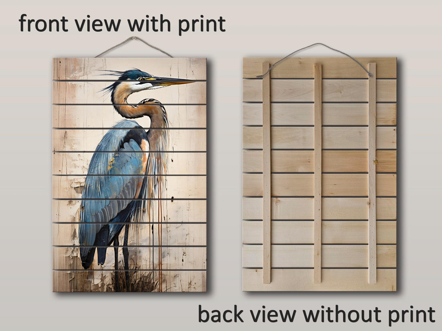 Heron Print on Natural Wood – Oil Painting Style Rustic Cabin Wall Art