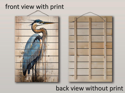 Heron Print on Natural Wood – Oil Painting Style Rustic Cabin Wall Art