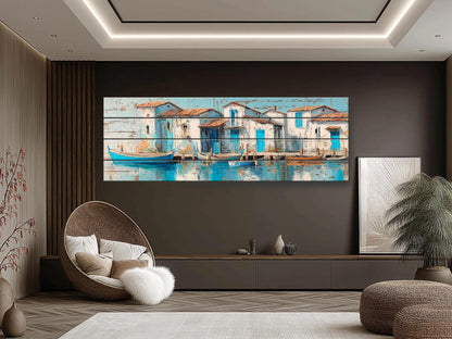 Seaside Village Print – Coastal Wall Art on Rustic Wood with Sky Blue Decor