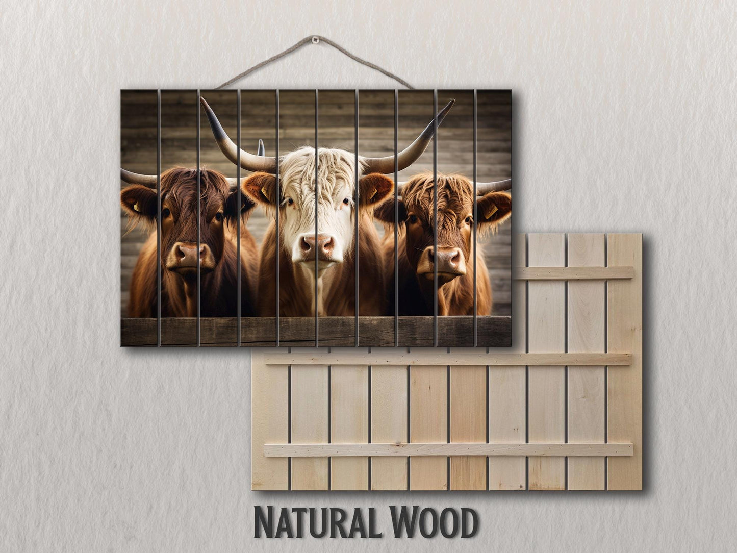 Rustic Wood Wall Art – Highland Cows Painting on Natural Wood Planks | Farmhouse Wall Decor