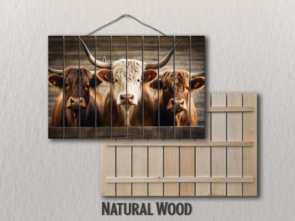 Rustic Wood Wall Art – Highland Cows Painting on Natural Wood Planks | Farmhouse Wall Decor