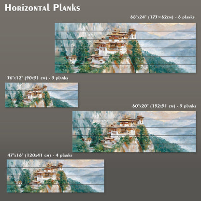 four different sizes of horizontal planks, each depicting a landscape scene with a mountain and a building. The planks vary in size, ranging from 60 x 120 cm to 7 x 16 cm. The planks are arranged in a grid-like pattern, showcasing the different dimensions and orientations of the planks.