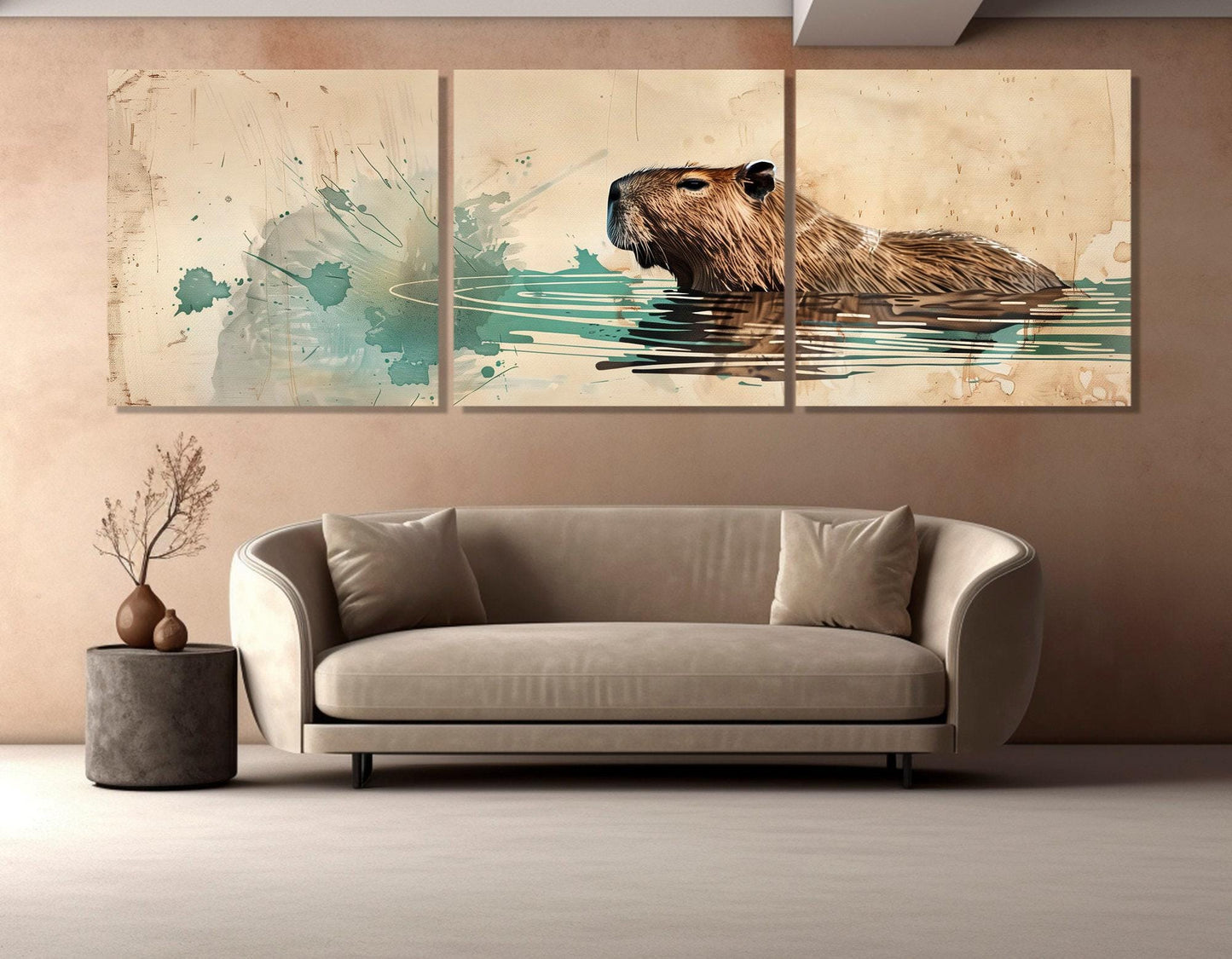 Capybara Swimming in Lake Painting Canvas Print, Large Capybara Wall Art, Modern Nursery Wall Decor, Framed and Ready to Hang