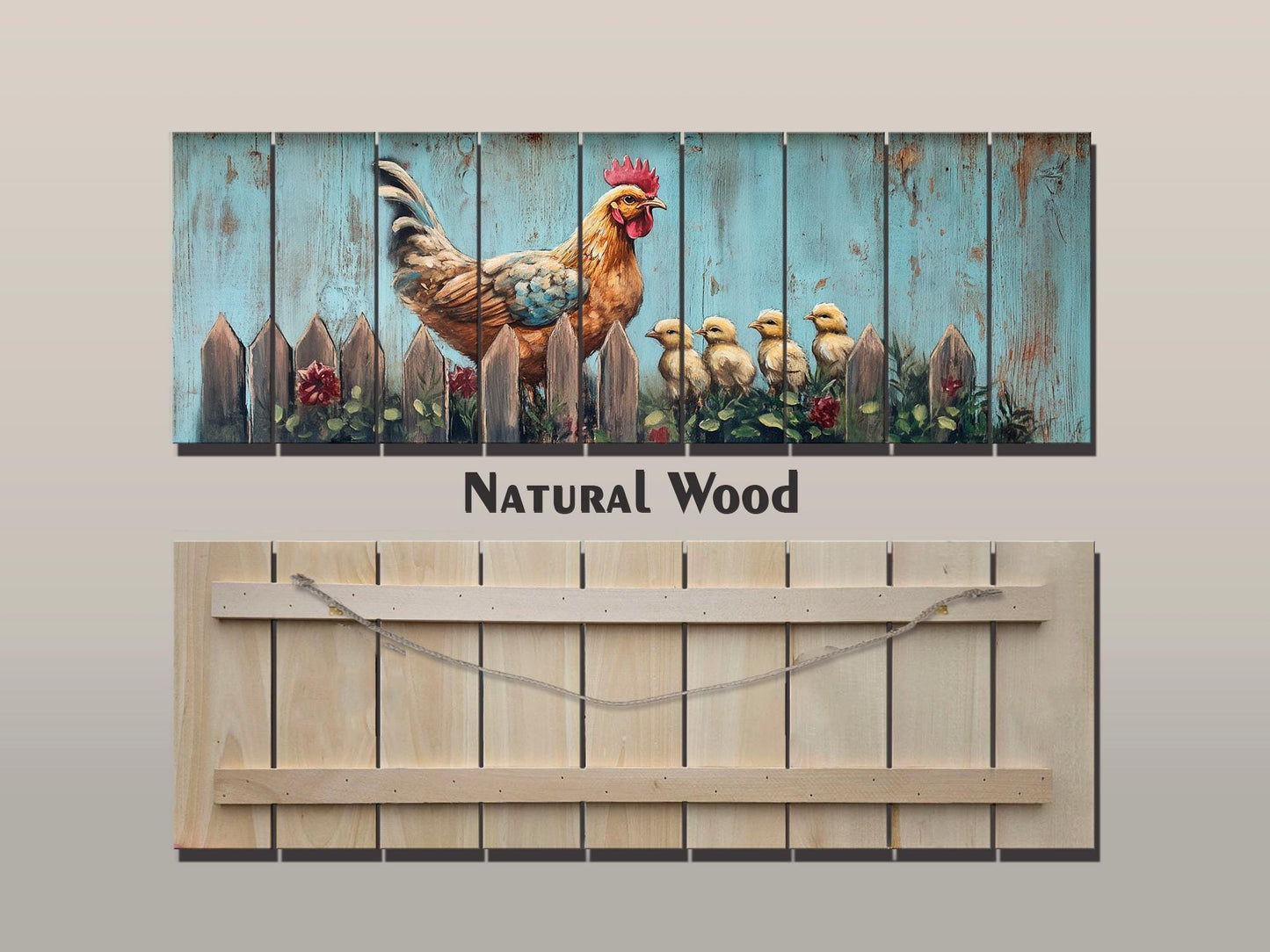 Rustic Wood Wall Art - Hen with Chicks Print on Natural Wood, Farmhouse Painting, Chicken Farm Decor, Chicken Coop Farmhouse Wall Decor