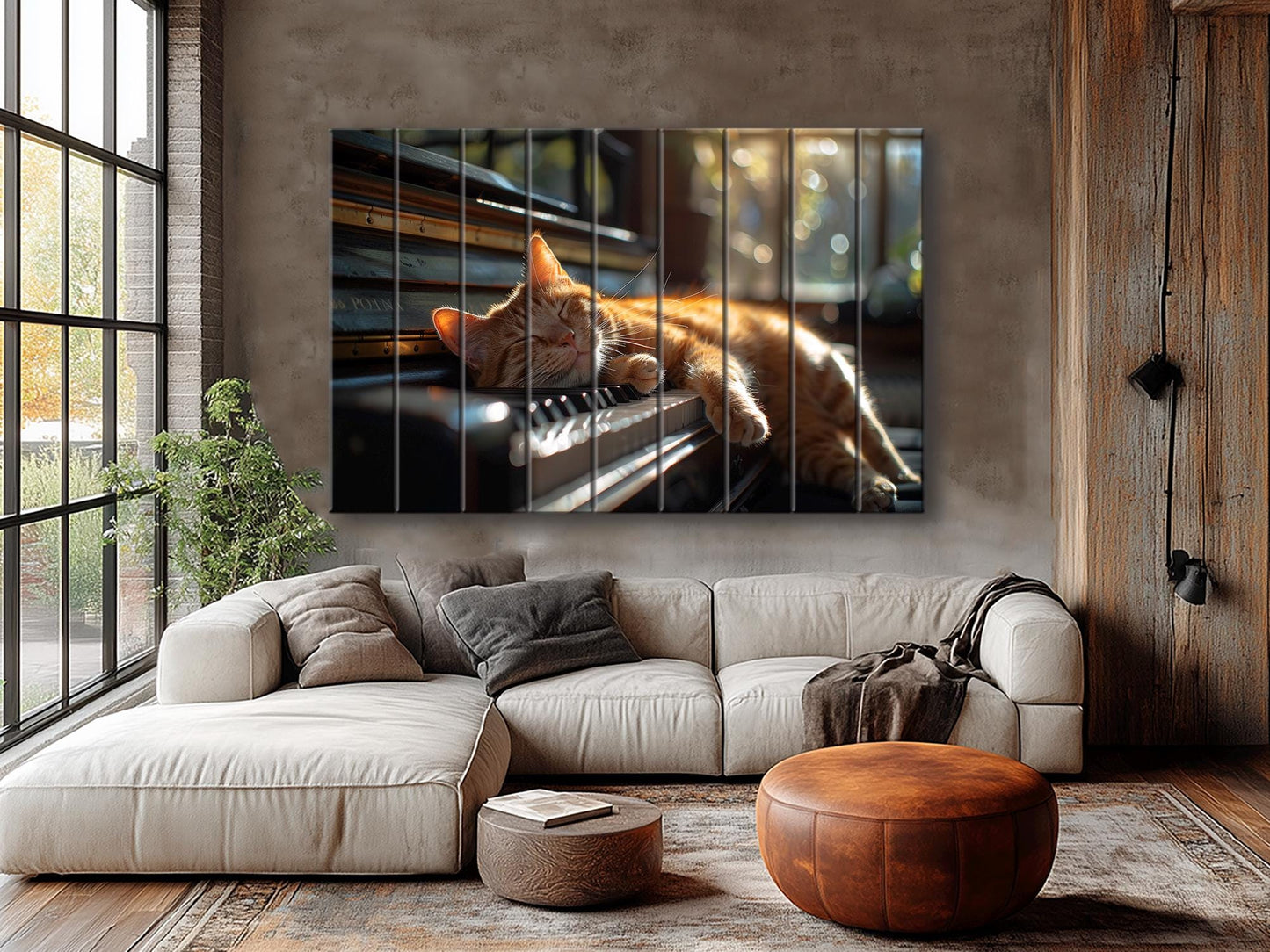 Wooden Wall Art – Orange Cat Sleeping On Piano | Natural Wood Print Decor