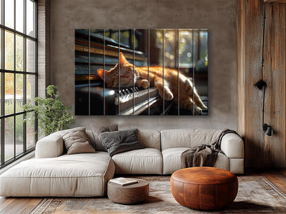 Wooden Wall Art – Orange Cat Sleeping On Piano | Natural Wood Print Decor