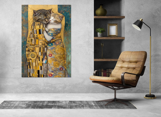Cats Kiss Canvas Print - Gustav Klimt Style Romantic Cat Painting, Framed Art