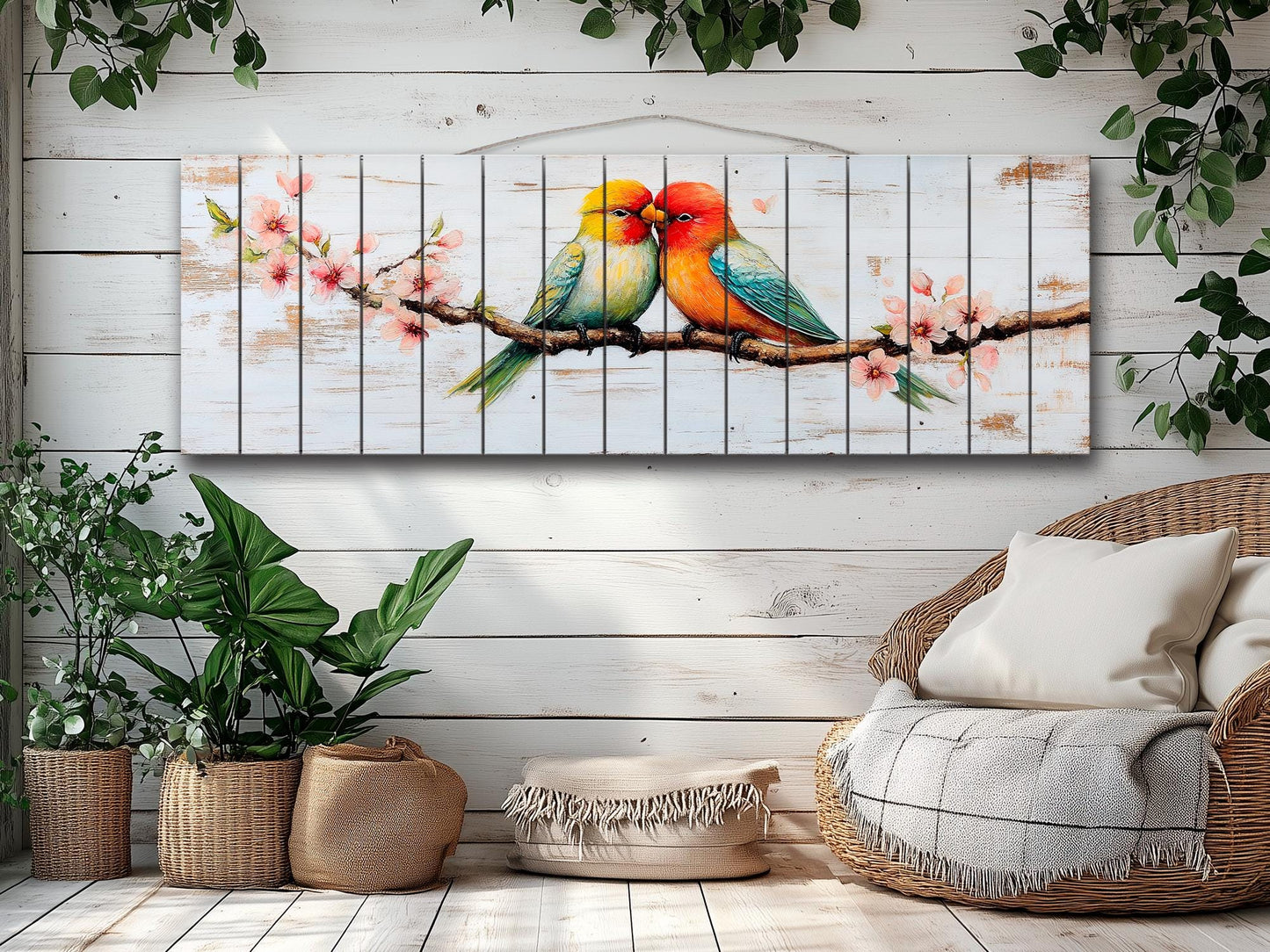 Lovebirds Wood Wall Art – Romantic Cherry Tree Artwork | Rustic Bedroom Decor